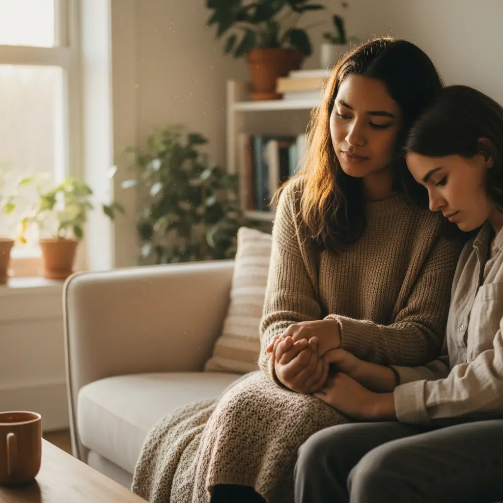 Two friends having a supportive conversation about a difficult relationship
