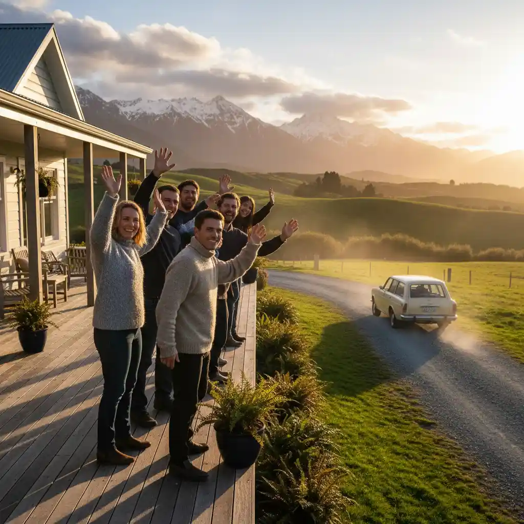 Family waving goodbye after a successful visit
