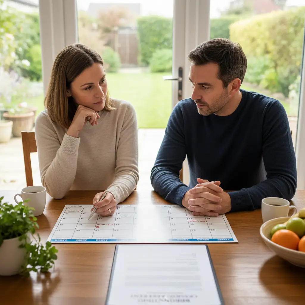Parents drafting a birdnesting schedule and agreement