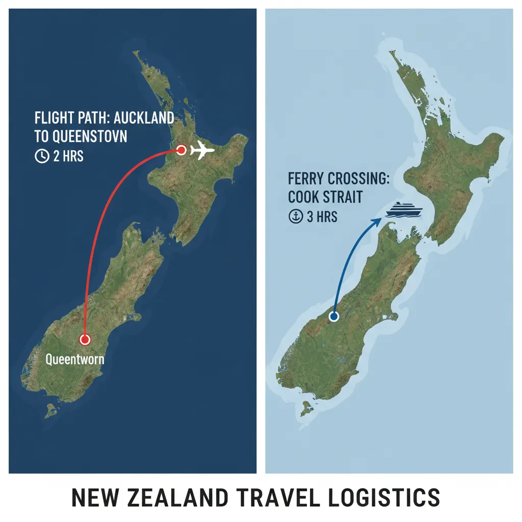 Map of New Zealand showing flight paths and ferry routes for long distance relationships