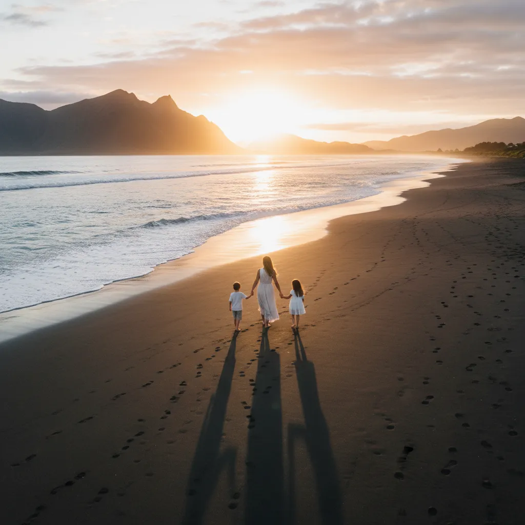 Parent and children walking on a NZ beach towards a peaceful future