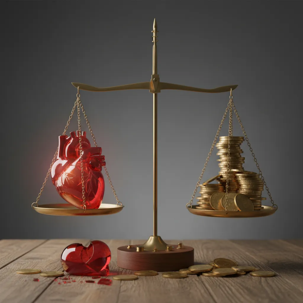 Balance scale weighing love versus money in divorce