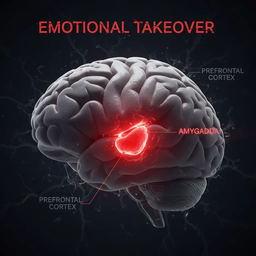 Brain diagram showing amygdala hijacking prefrontal cortex during trauma