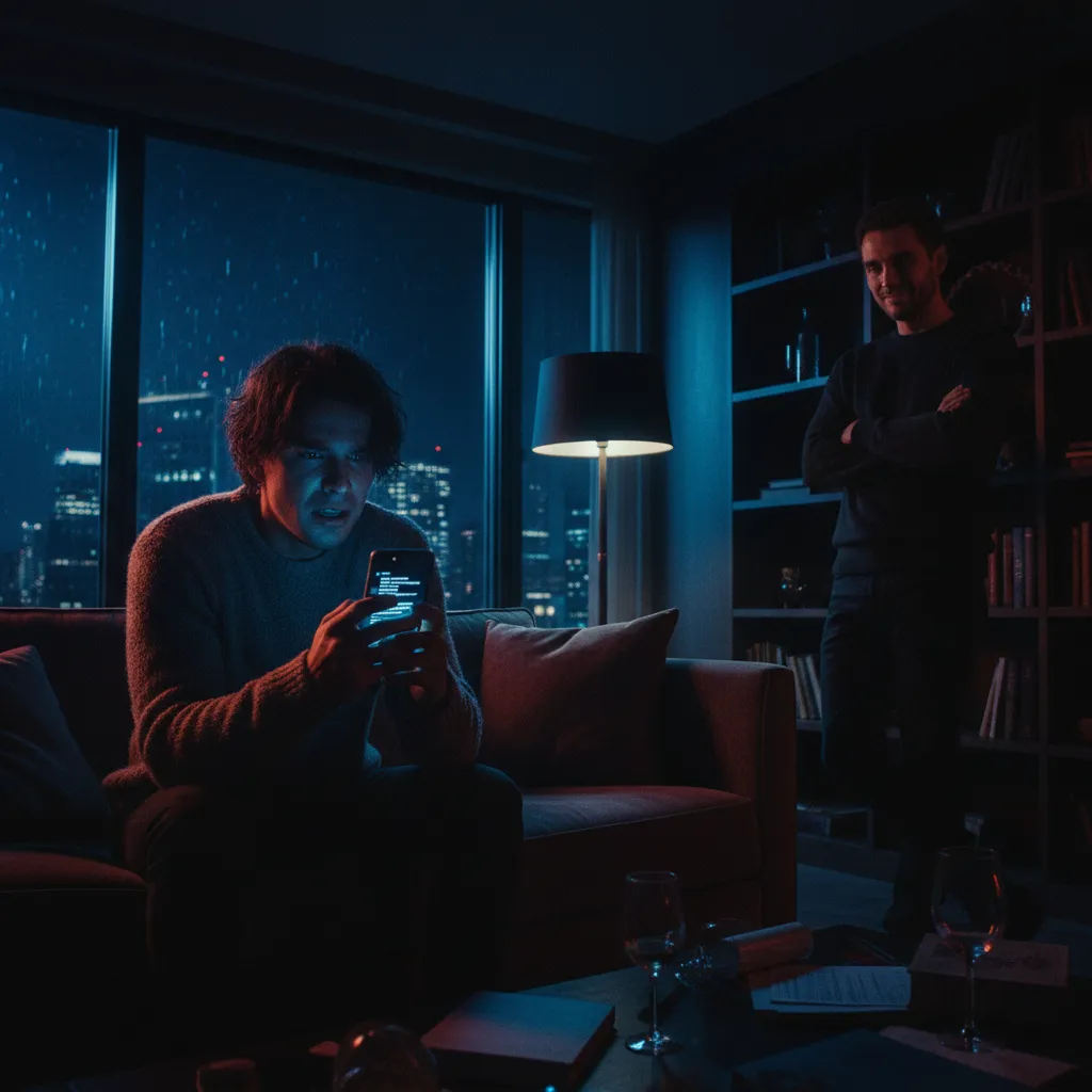 A partner looking distressed while being gaslit about phone evidence