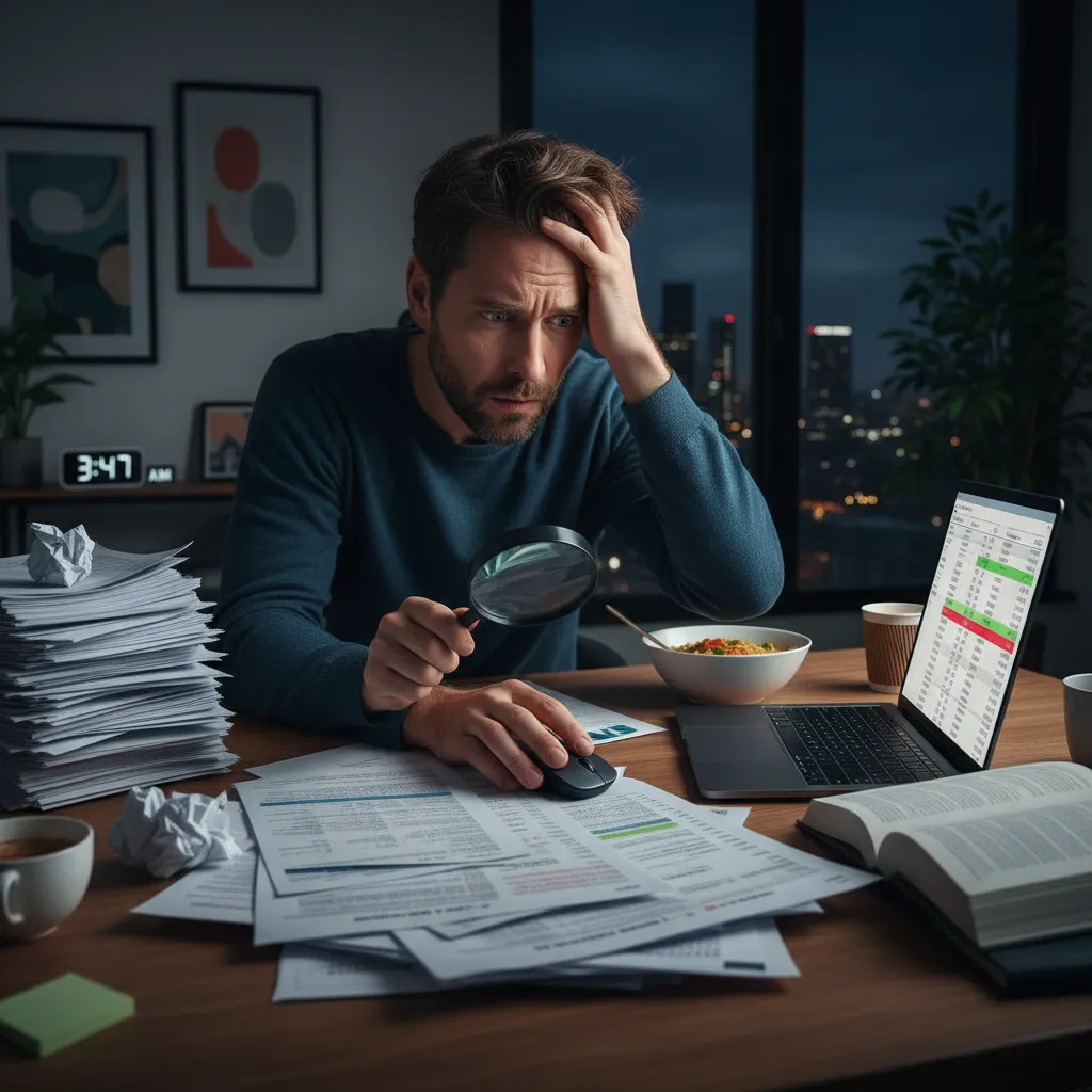 A spouse reviewing bank statements late at night, suspecting financial infidelity