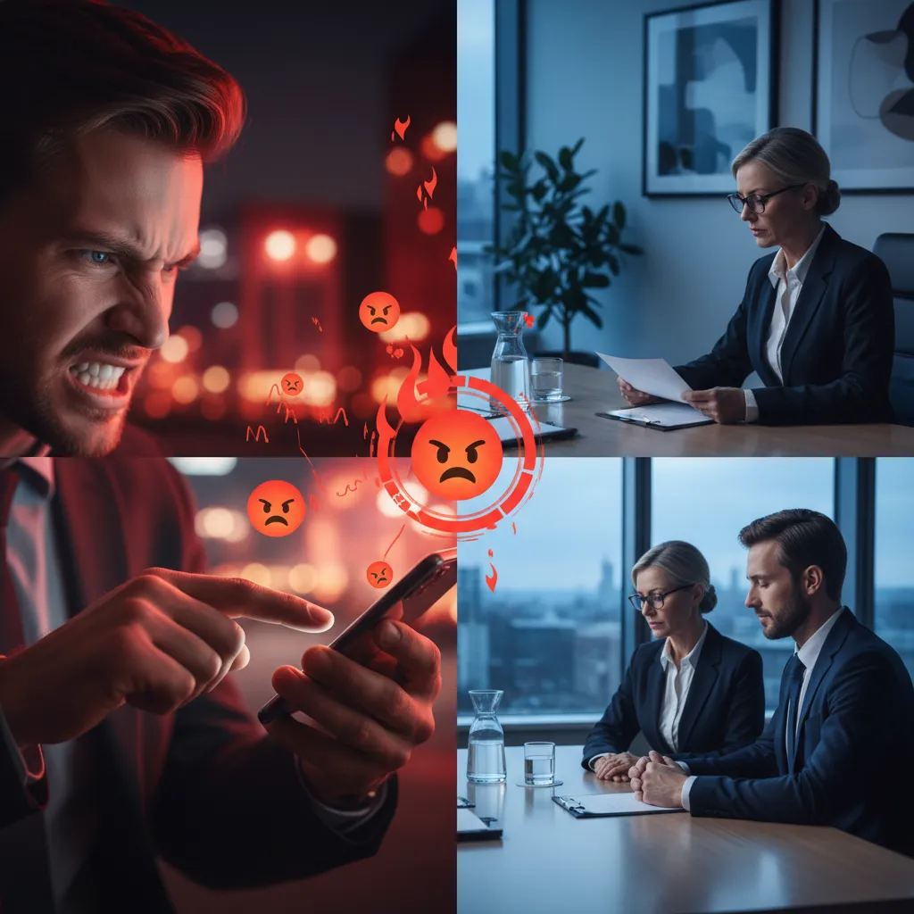 Contrast between angry reactive behavior and calm legal strategy