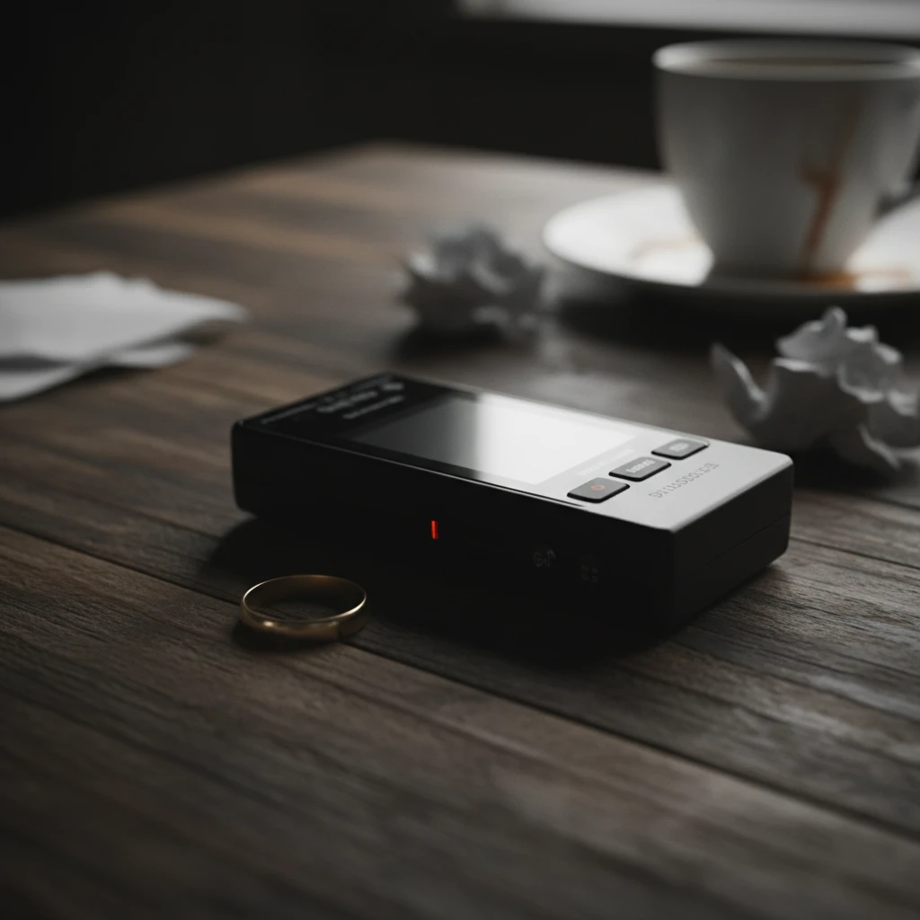 Digital voice recorder next to a wedding ring