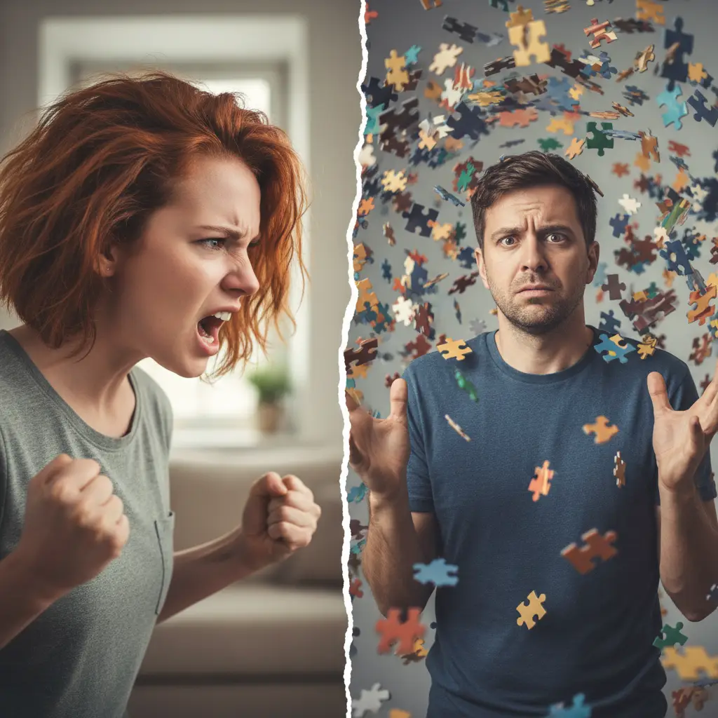 Visual representation of the communication disconnect between neurotypical and neurodivergent partners during conflict