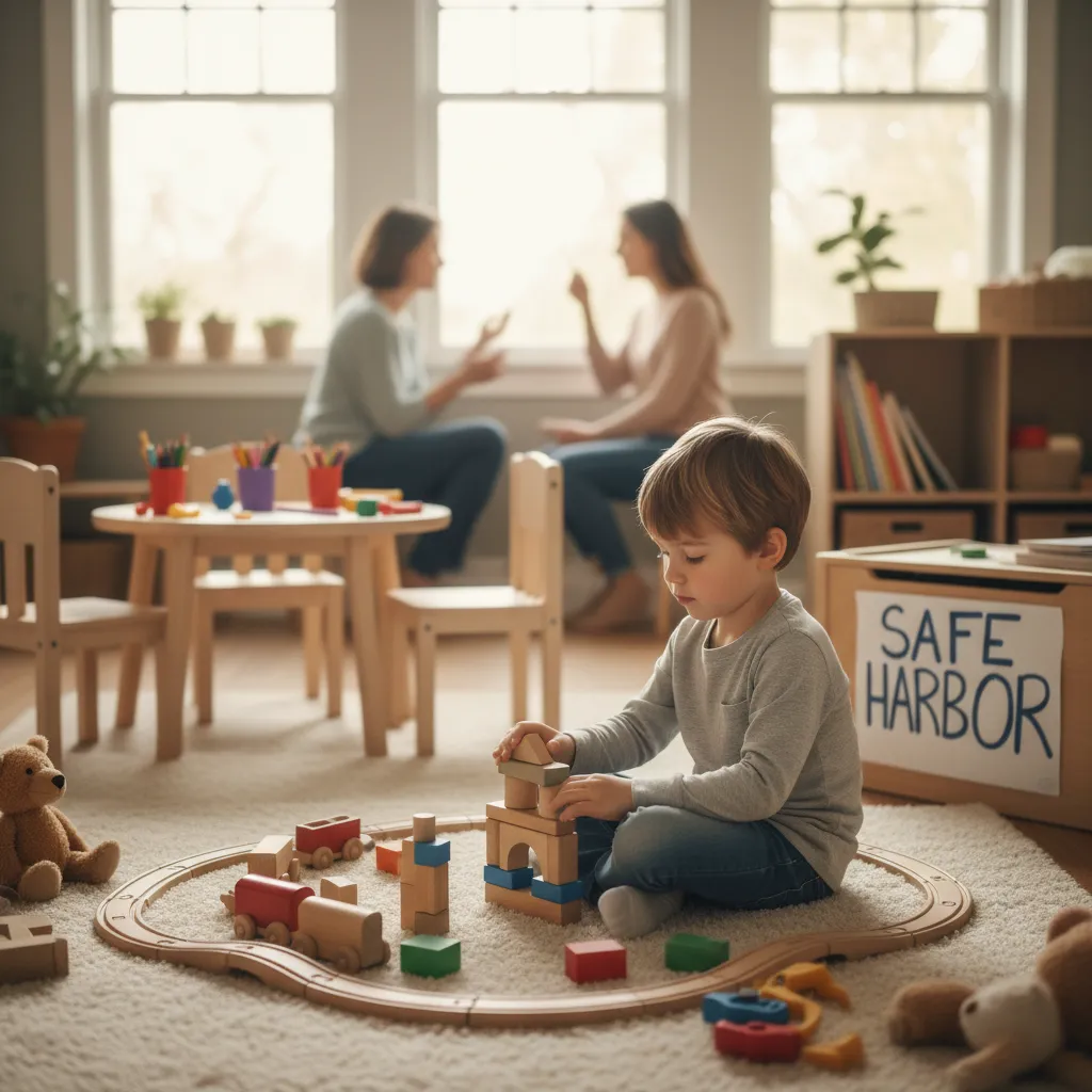 A child playing safely in a structured environment, representing the goal of conflict-free co-parenting
