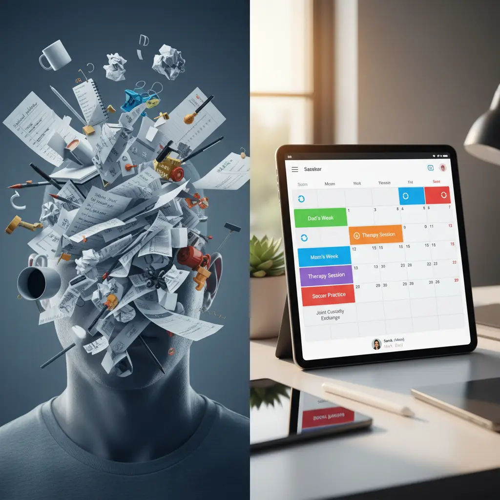 Illustration contrasting executive dysfunction with organized digital co-parenting tools