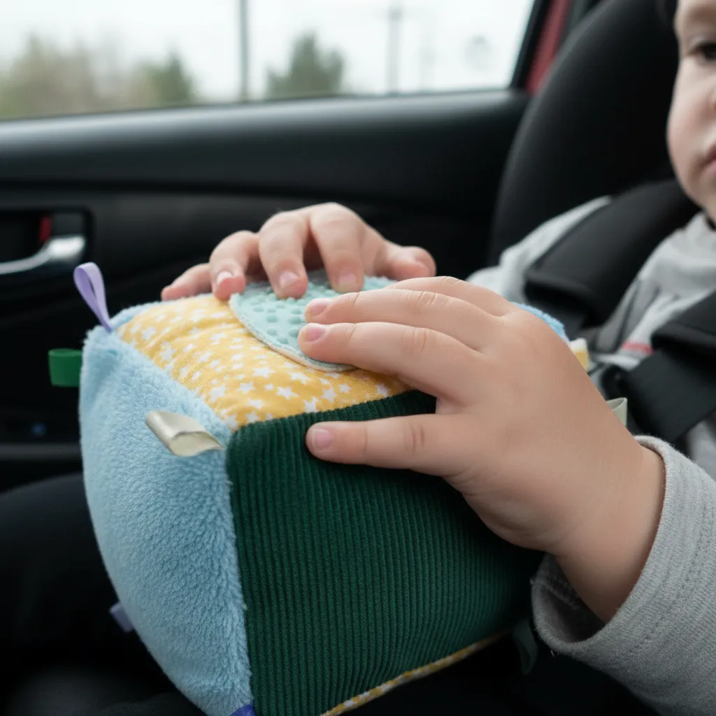 Child holding a transition object during a custody exchange