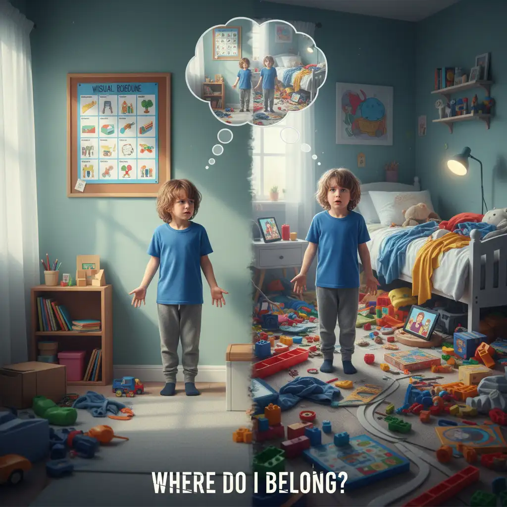 Illustration of a child with ADHD navigating two different home environments
