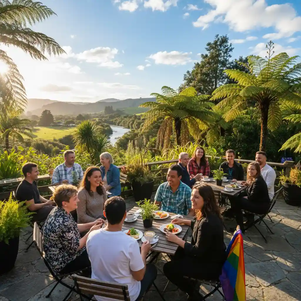 Group of diverse LGBTQ friends socializing in a New Zealand cafe setting