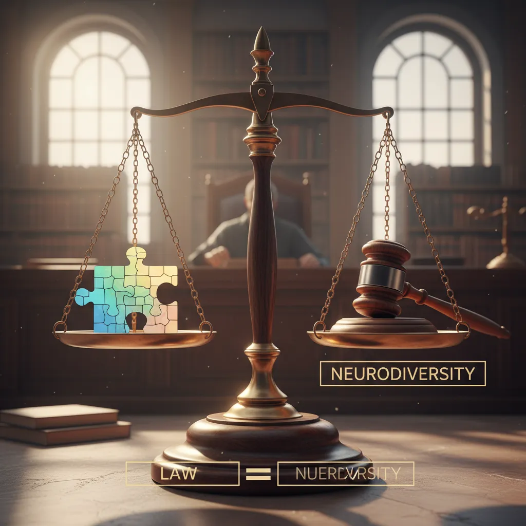 Scales of justice balancing legal requirements with neurodivergent needs