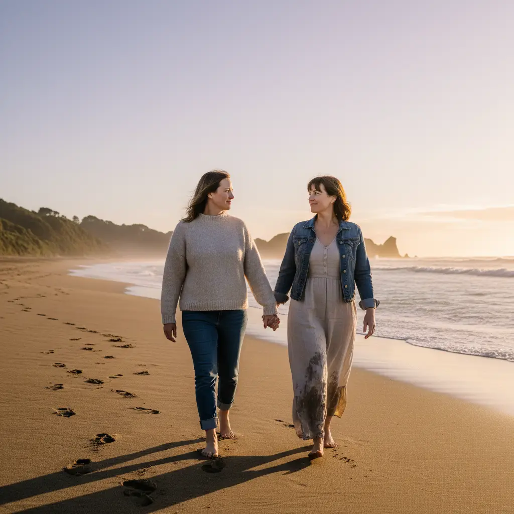 Same-sex couple walking on a New Zealand beach at sunset