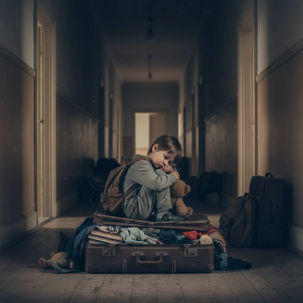 Child sitting on a suitcase depicting transition fatigue