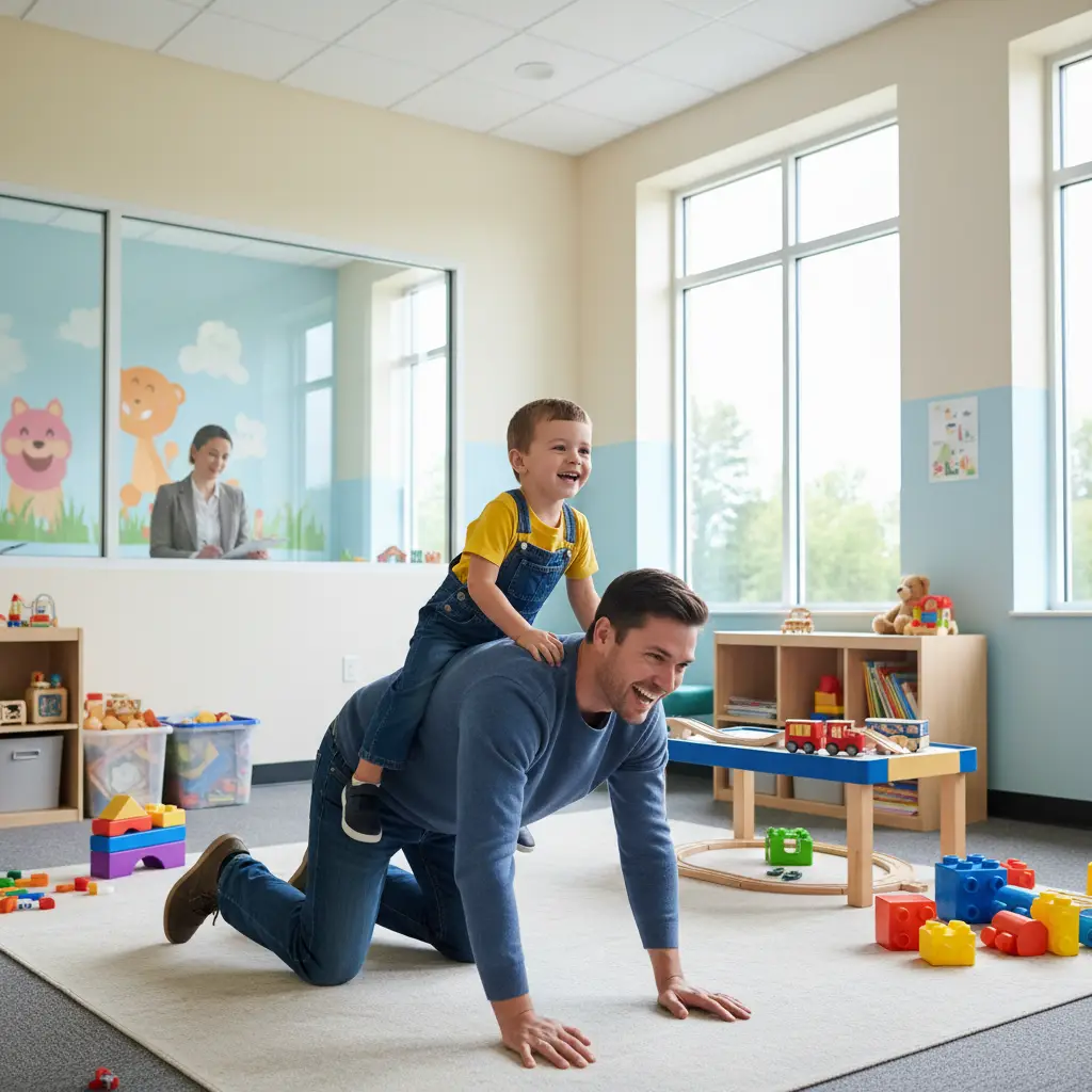 A child engaging in positive interaction with a parent under the watchful eye of a professional supervisor in a contact centre.