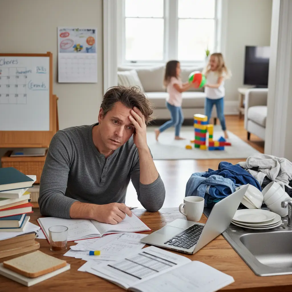 Stressed parent managing household and discipline