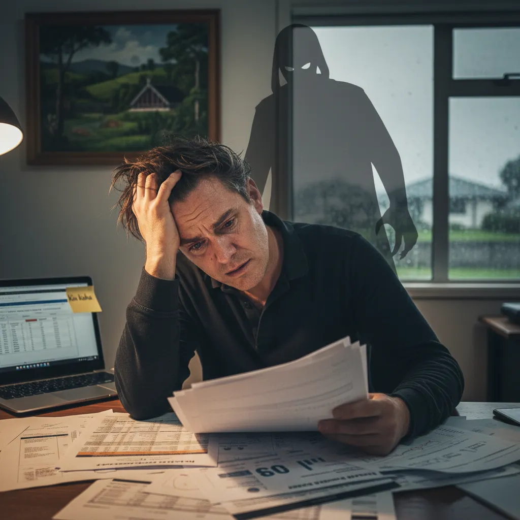 Woman looking stressed while reviewing financial documents, reflecting financial abuse