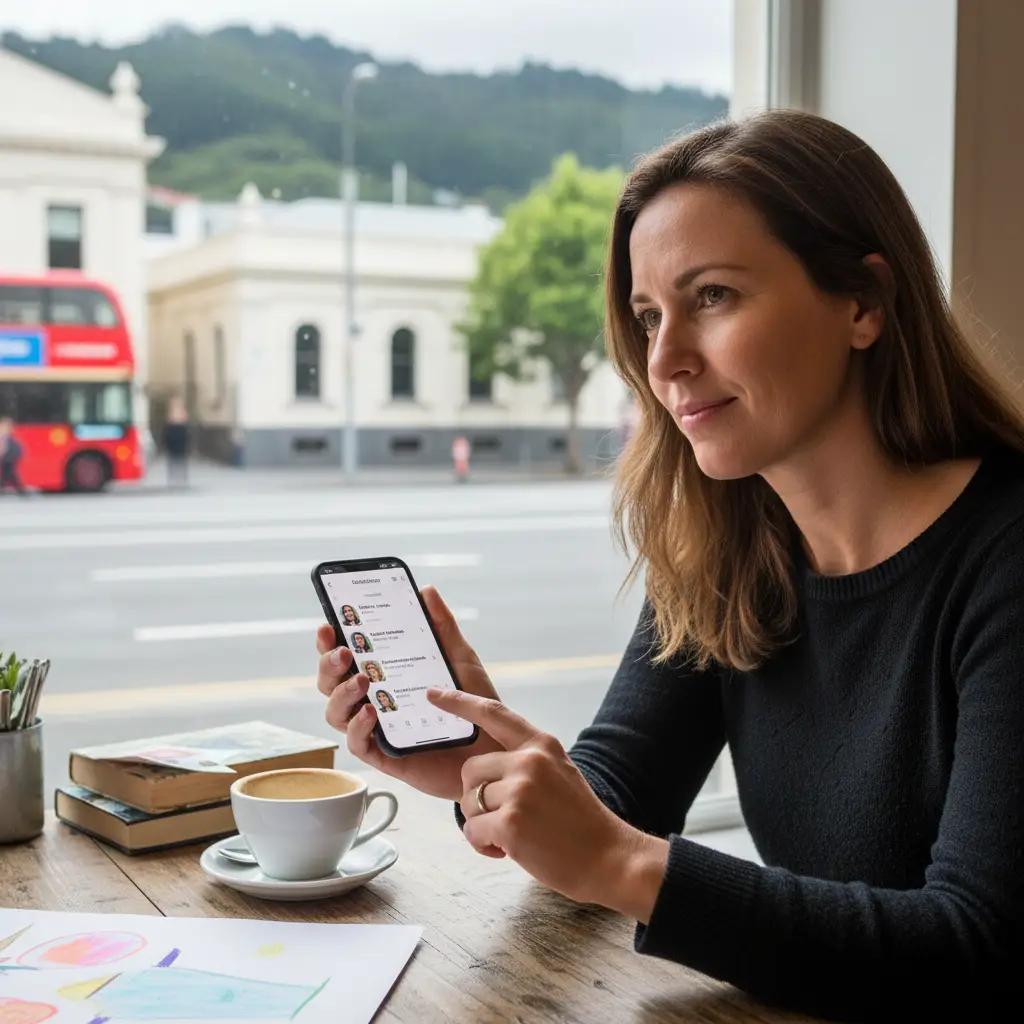 Single parent checking dating app in a cafe