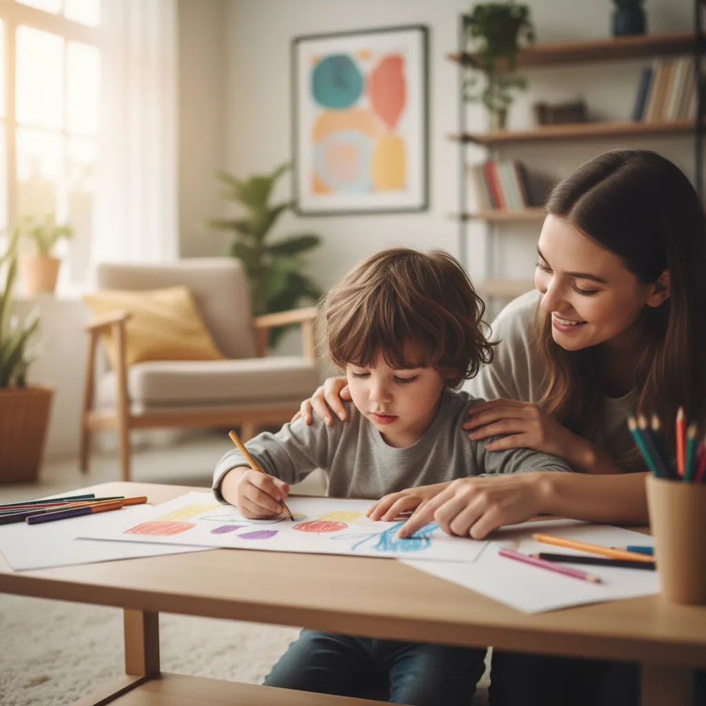 A child expressing their feelings through drawing during a voice of the child report session with a caring adult