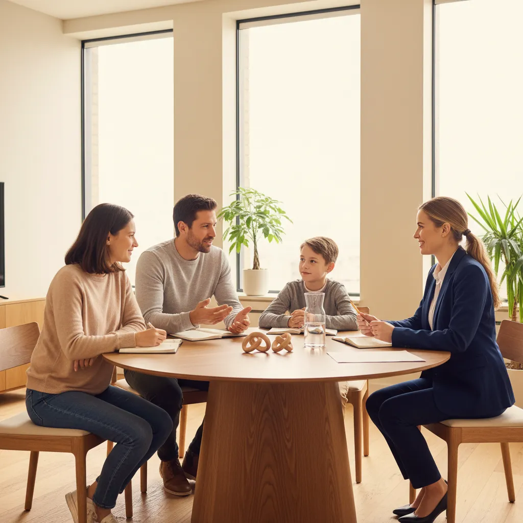 Family meeting with a mediator to discuss child's needs and future arrangements