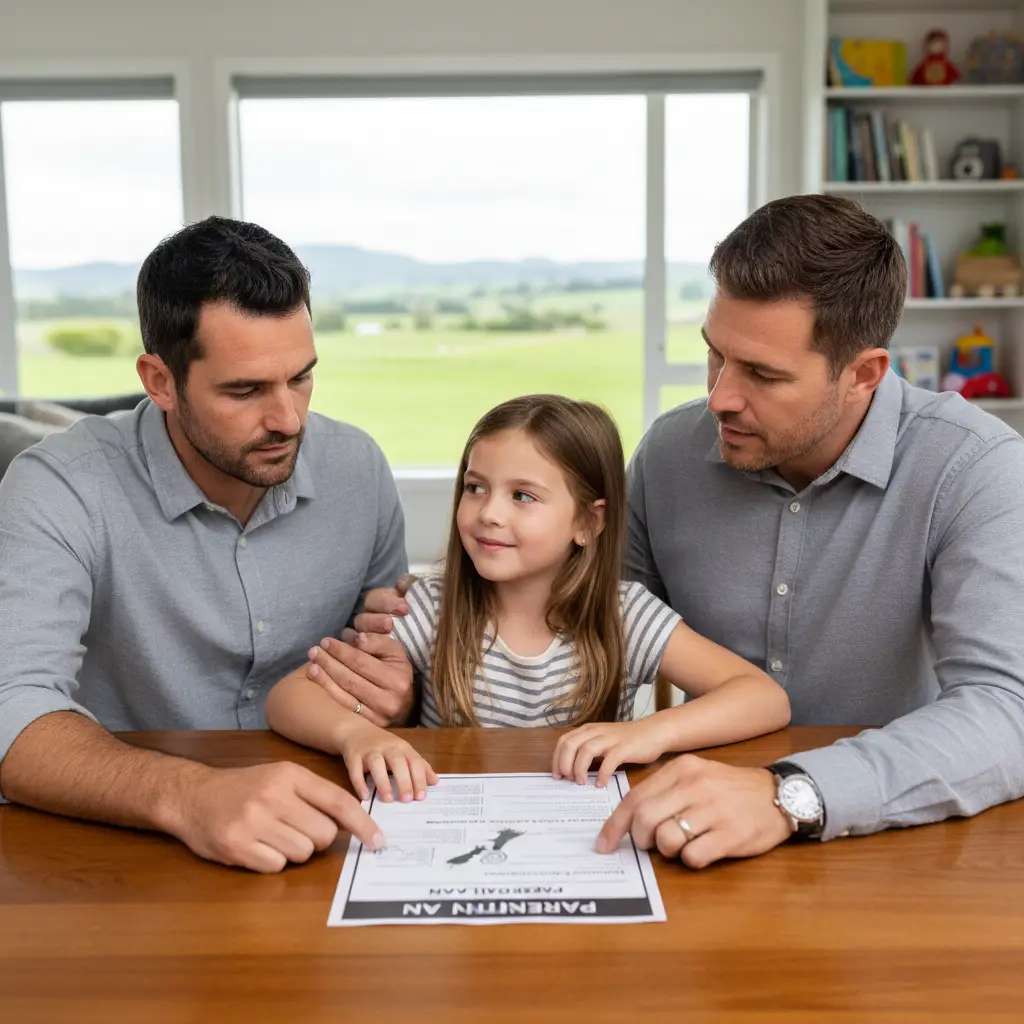 Parents reviewing a parenting plan with their child