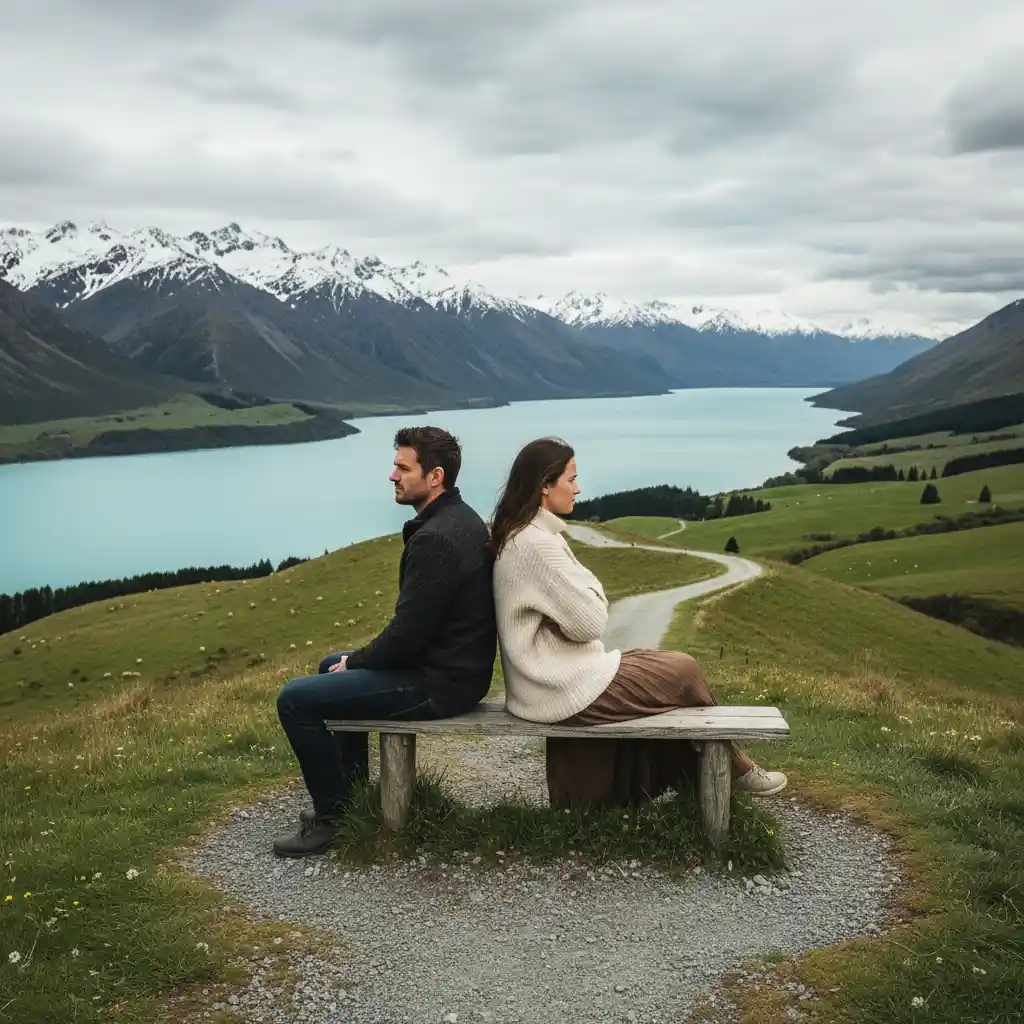Couple drifting apart in a New Zealand landscape