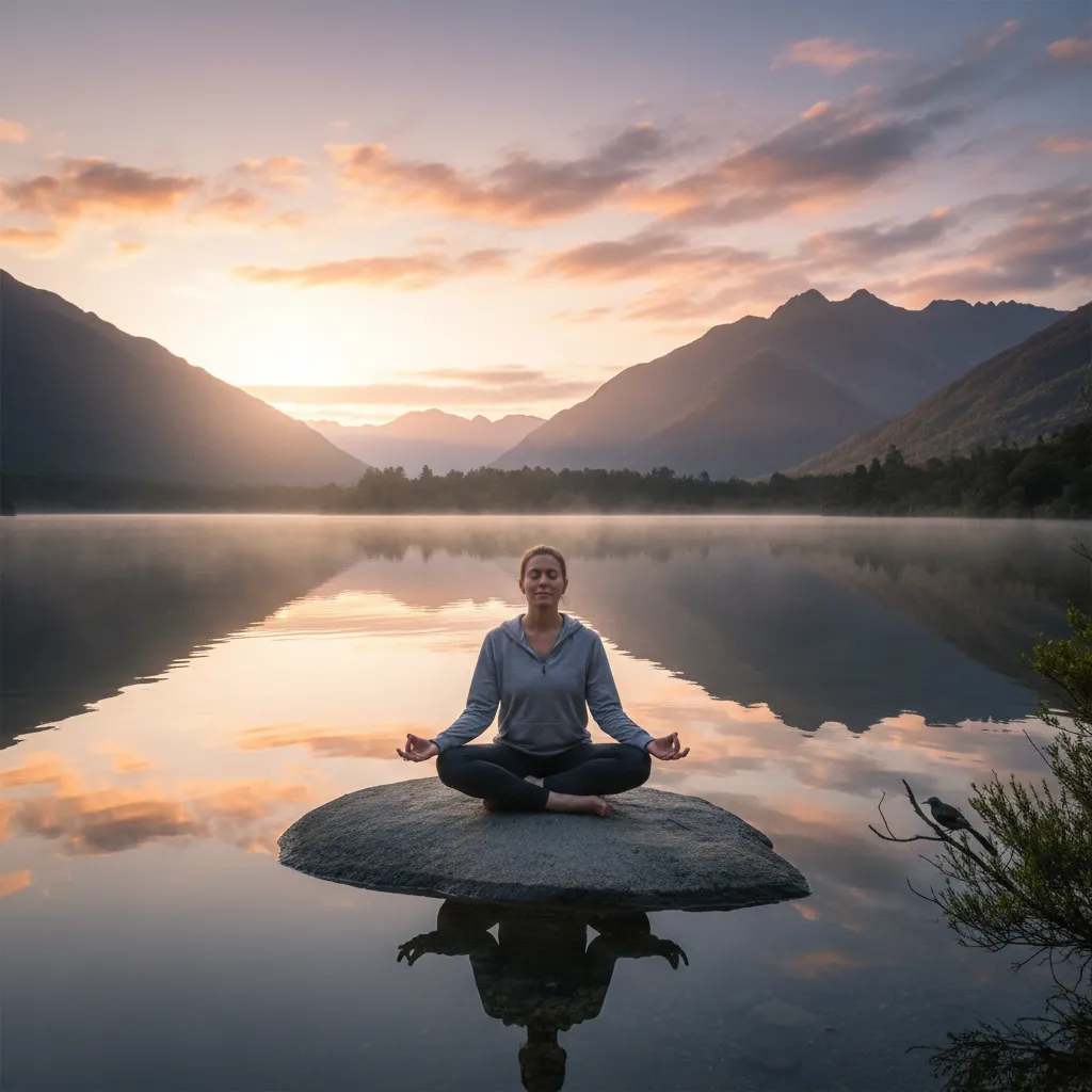 A person practicing mindfulness by a serene New Zealand lake