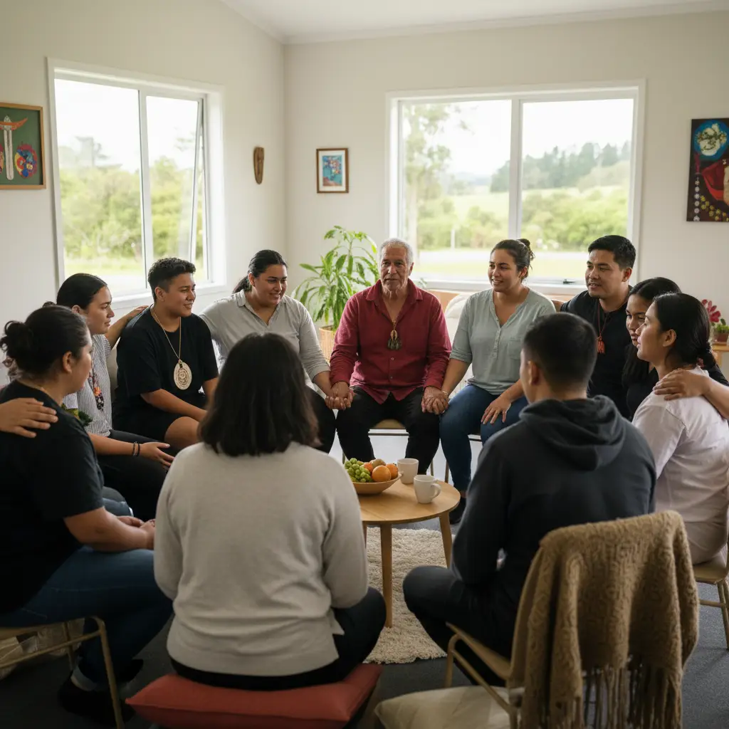 Diverse group of New Zealanders in a support group for separation