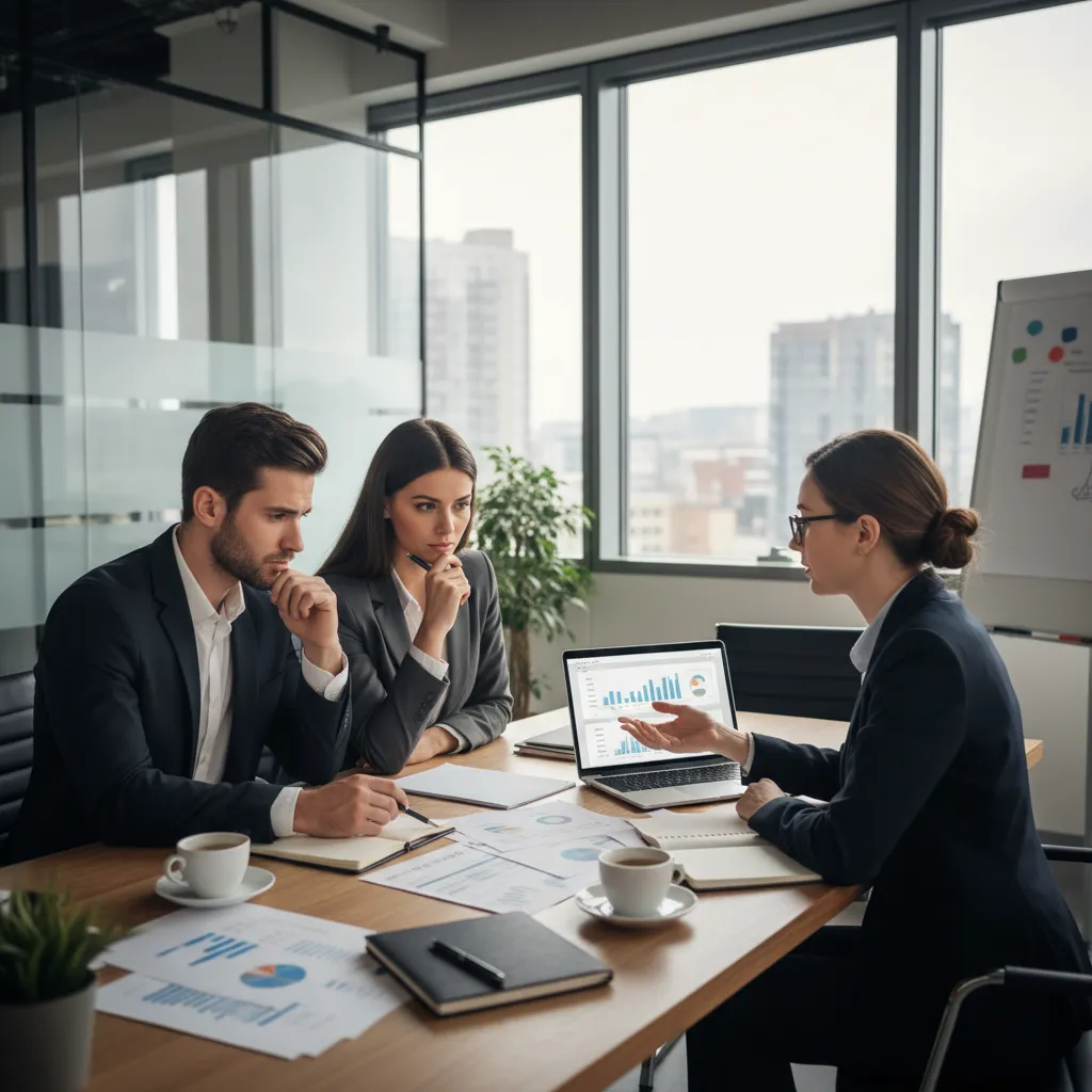 Couple reviewing financial documents with an advisor