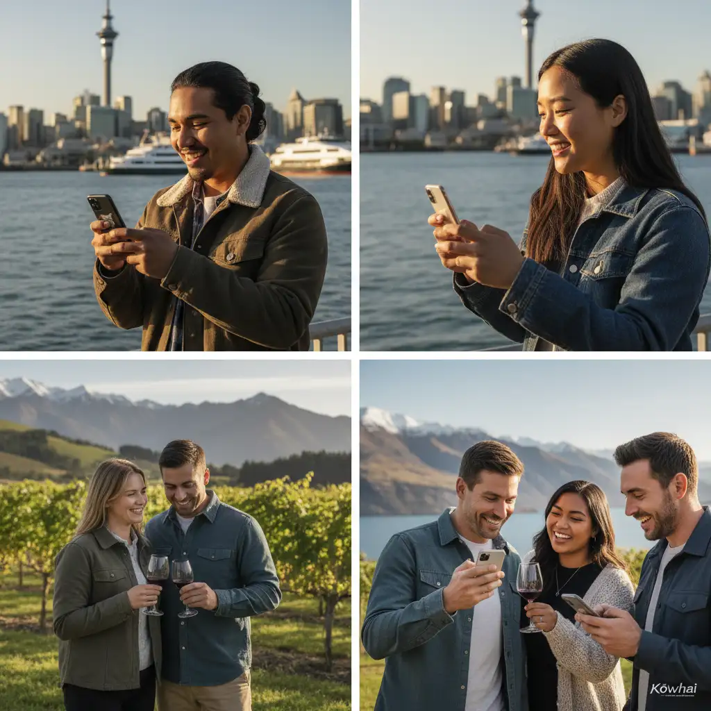 Kiwis using dating apps across different New Zealand landscapes