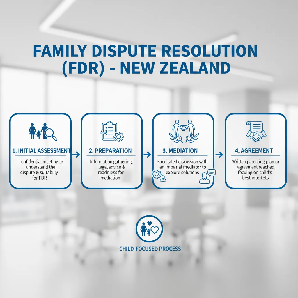 Infographic showing the stages of Family Dispute Resolution (FDR)