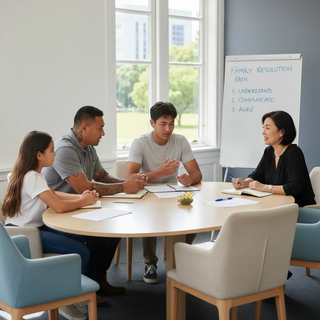 Family engaging in Family Dispute Resolution with a mediator