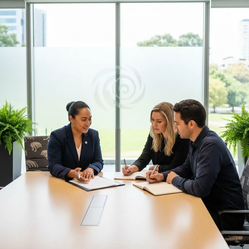 Mediator explaining legal documents to a couple during a family dispute resolution meeting.