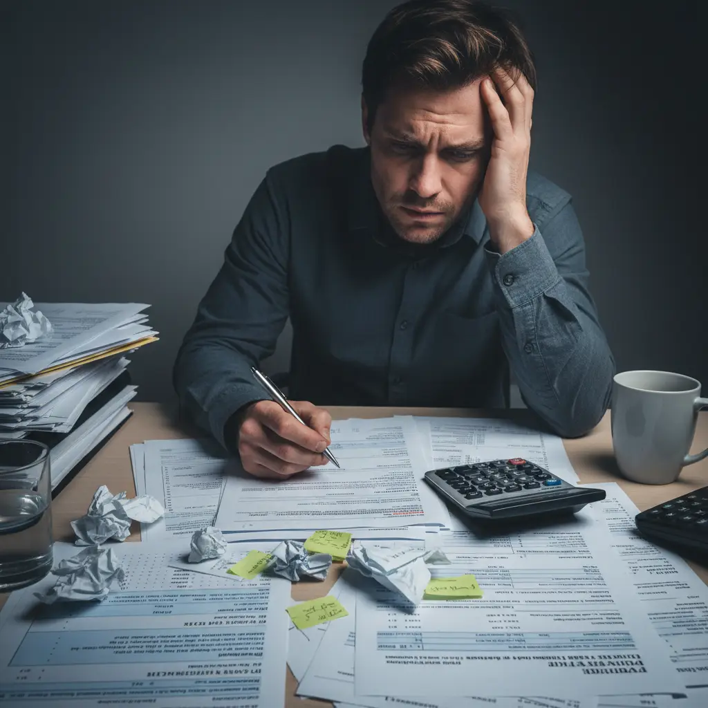 Woman looking anxious while reviewing divorce financial papers