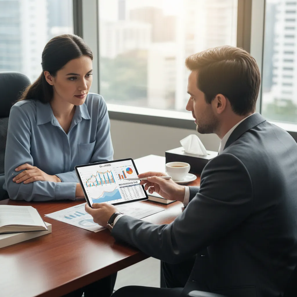 Lawyer advising client on financial planning during divorce