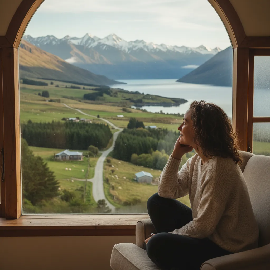 Pensive individual looking out over a calm New Zealand landscape