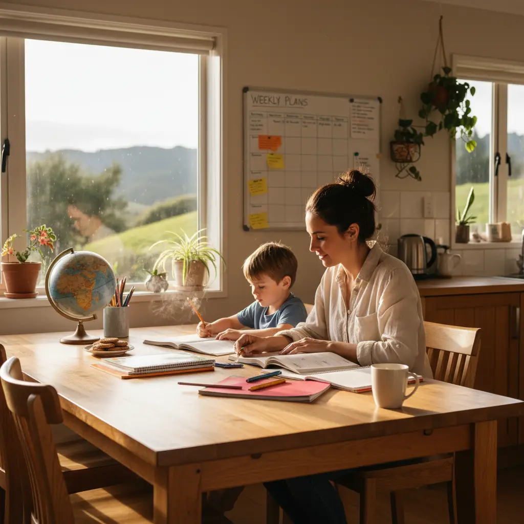 Single mother helping children with homework in a New Zealand home
