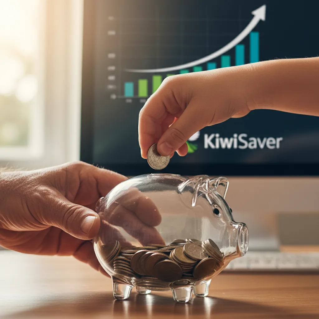 Hands saving money in a piggy bank with KiwiSaver background