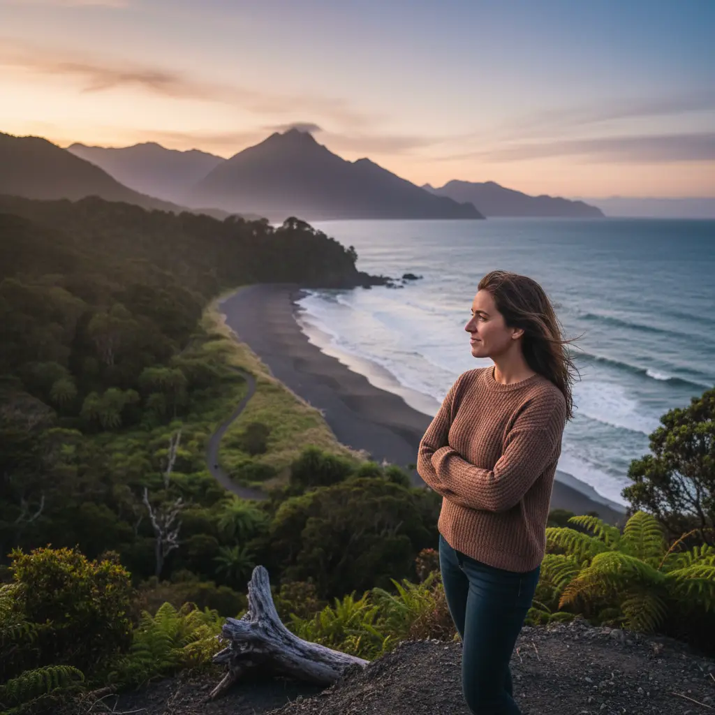 Person reflecting on self-care in a serene New Zealand landscape