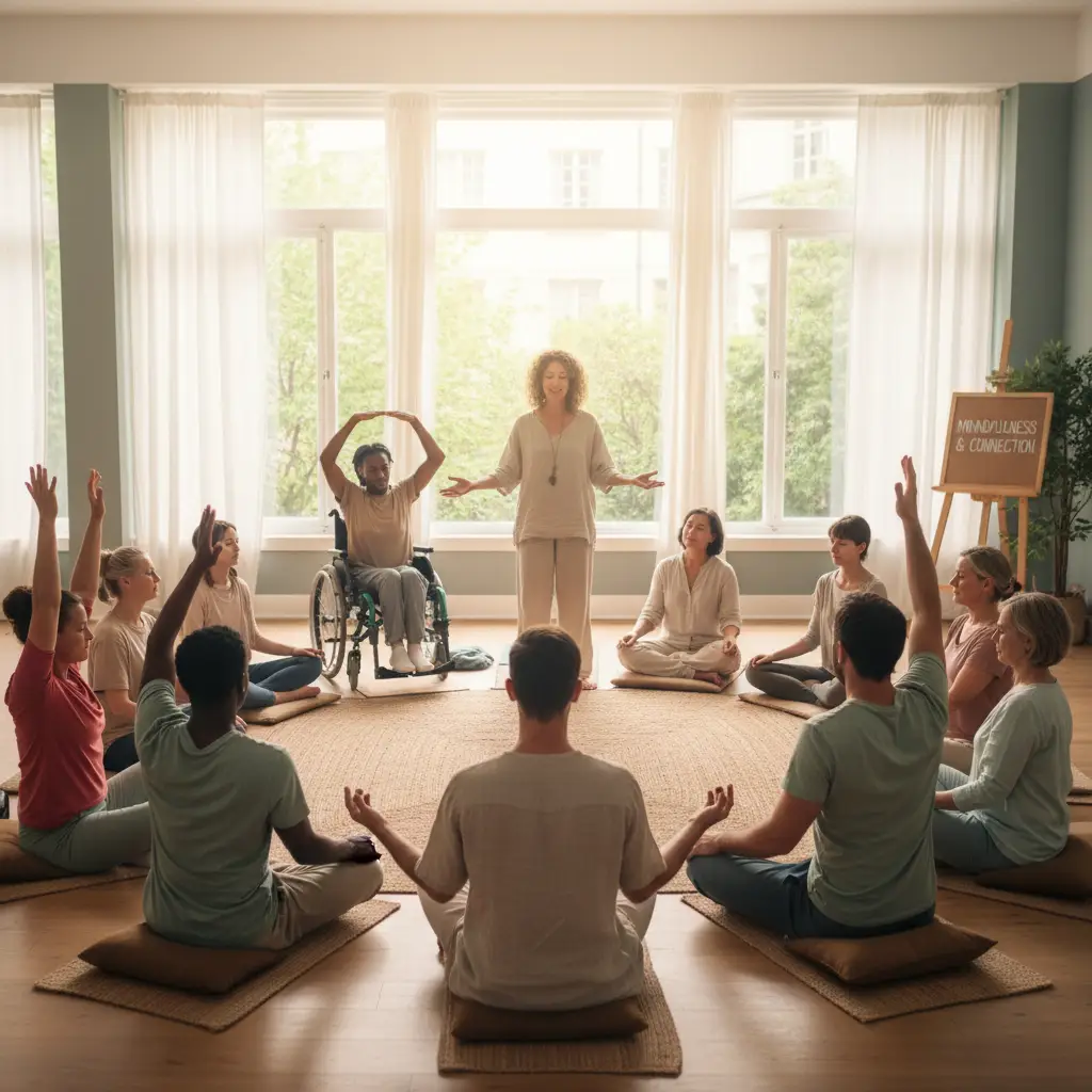 Group engaging in mindful self-care activity after separation