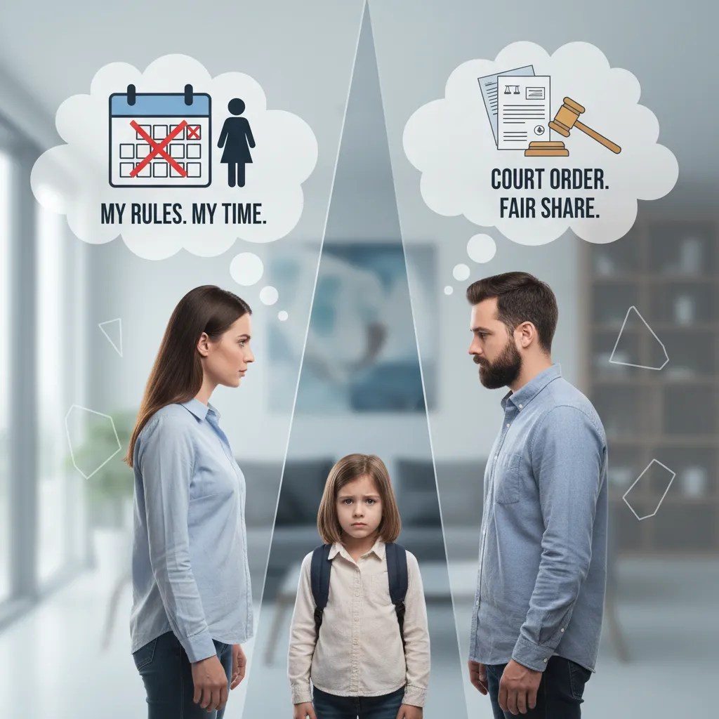 Illustration of parents in high conflict, with a child caught between them.