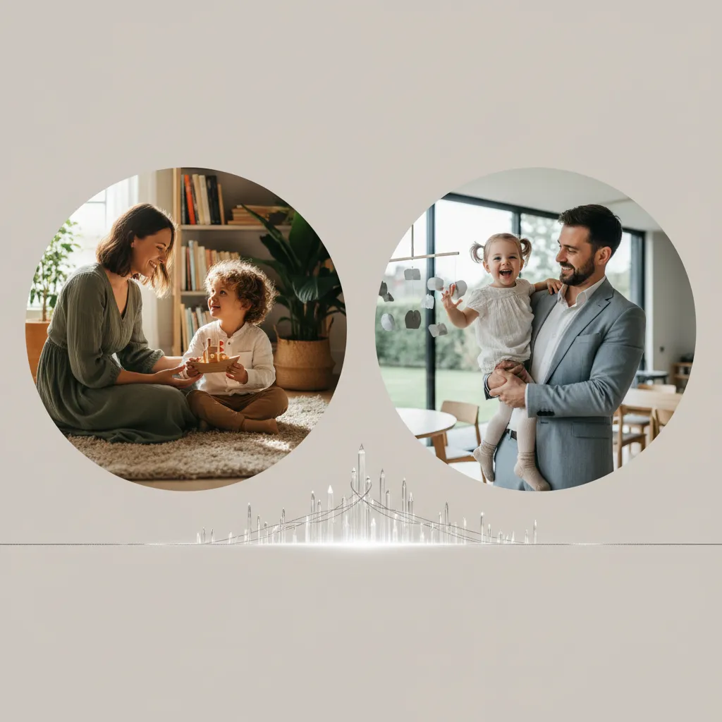 Illustration of two distinct family units, each parent with child, operating in parallel harmony.