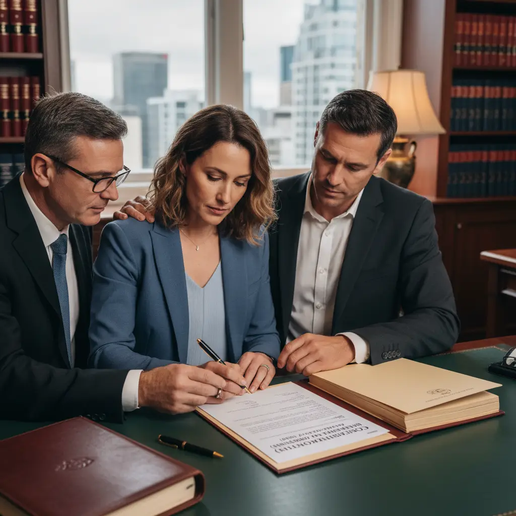 Couple signing a Contracting Out Agreement with a lawyer