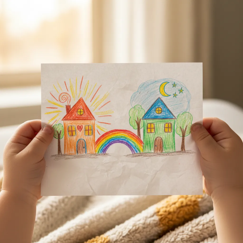 Child drawing two homes representing co-parenting