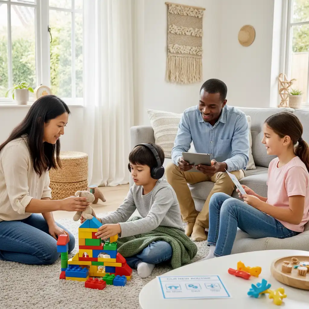 Family with neurodivergent child discussing calmly