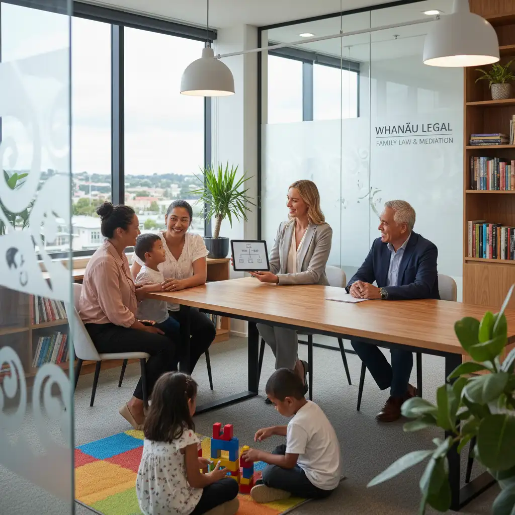 Diverse family interacting with a lawyer in NZ