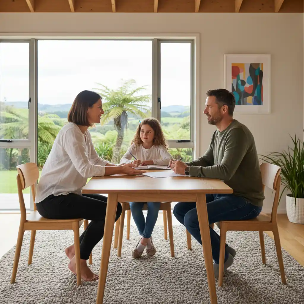 Parents discussing co-parenting logistics in New Zealand