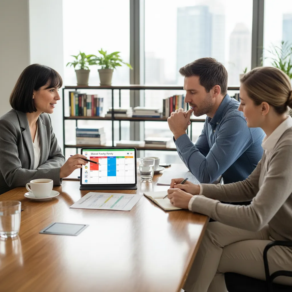 Co-parents and new partner collaborating on child's schedule